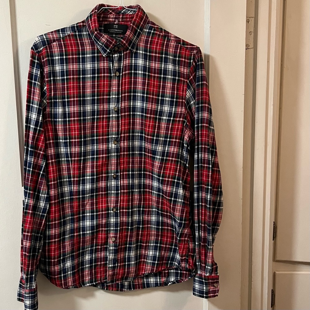 Scotch & Soda - Men's Slim Fit Plaid Stretch Cotton Button-Down Shirt, Large